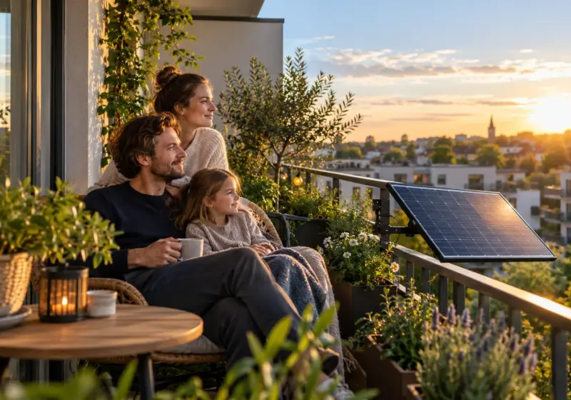 Kleines Solarmodul an einem bepflanzten Balkon.