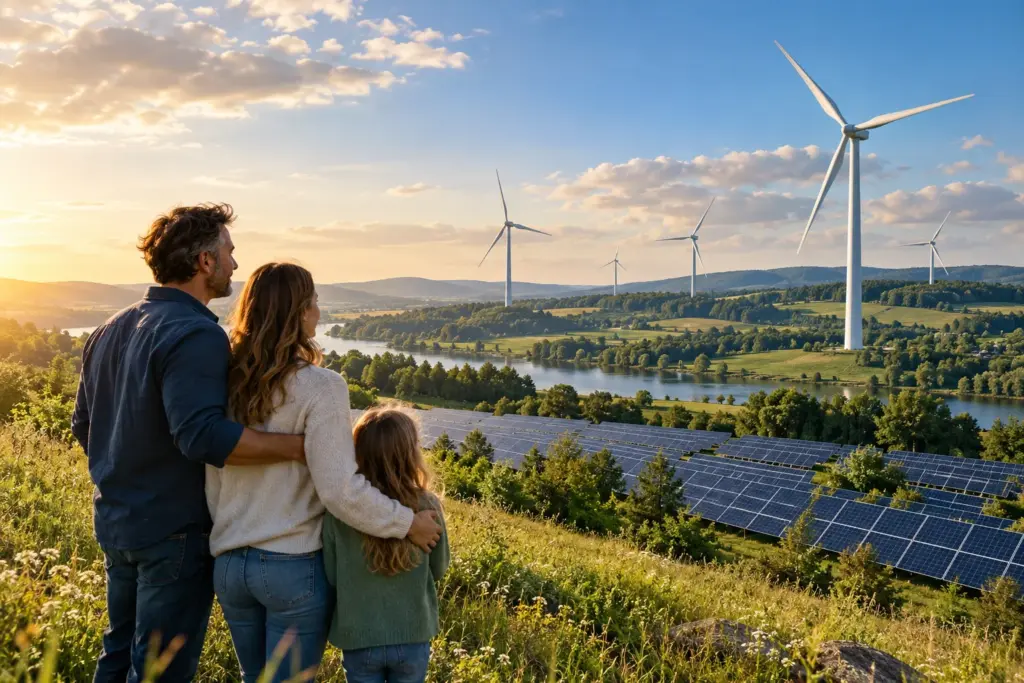Windräder und Solaranlage in einer grünen Landschaft.