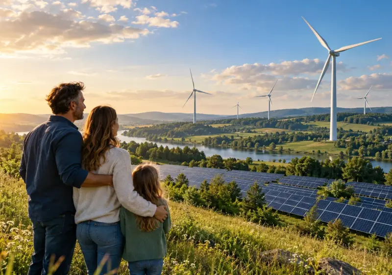 Windräder und Solaranlage in einer grünen Landschaft.