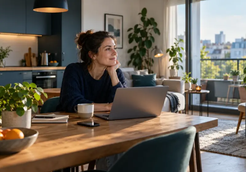 Person am Laptop in einer hellen kleinen Wohnung.