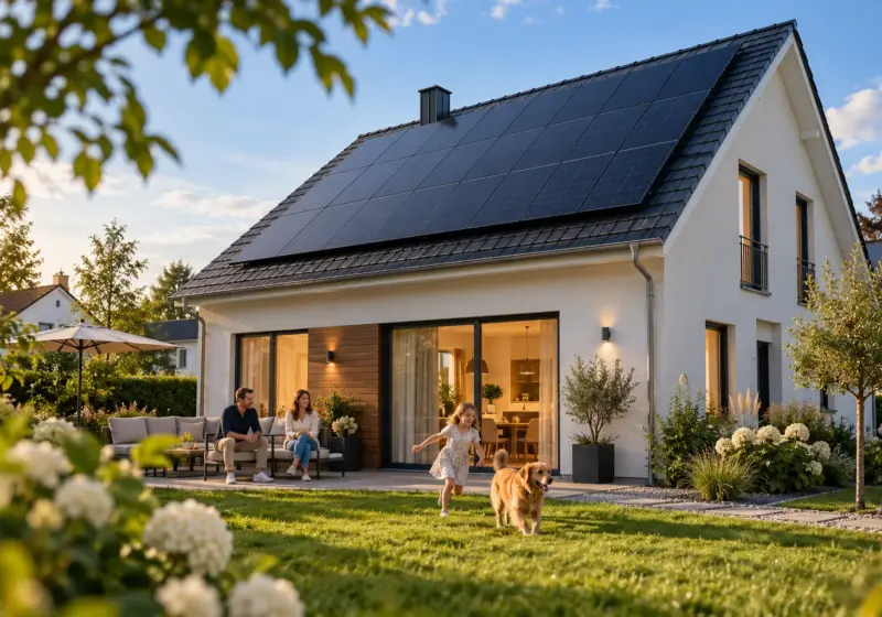 Haus mit Photovoltaikmodulen auf dem Dach.